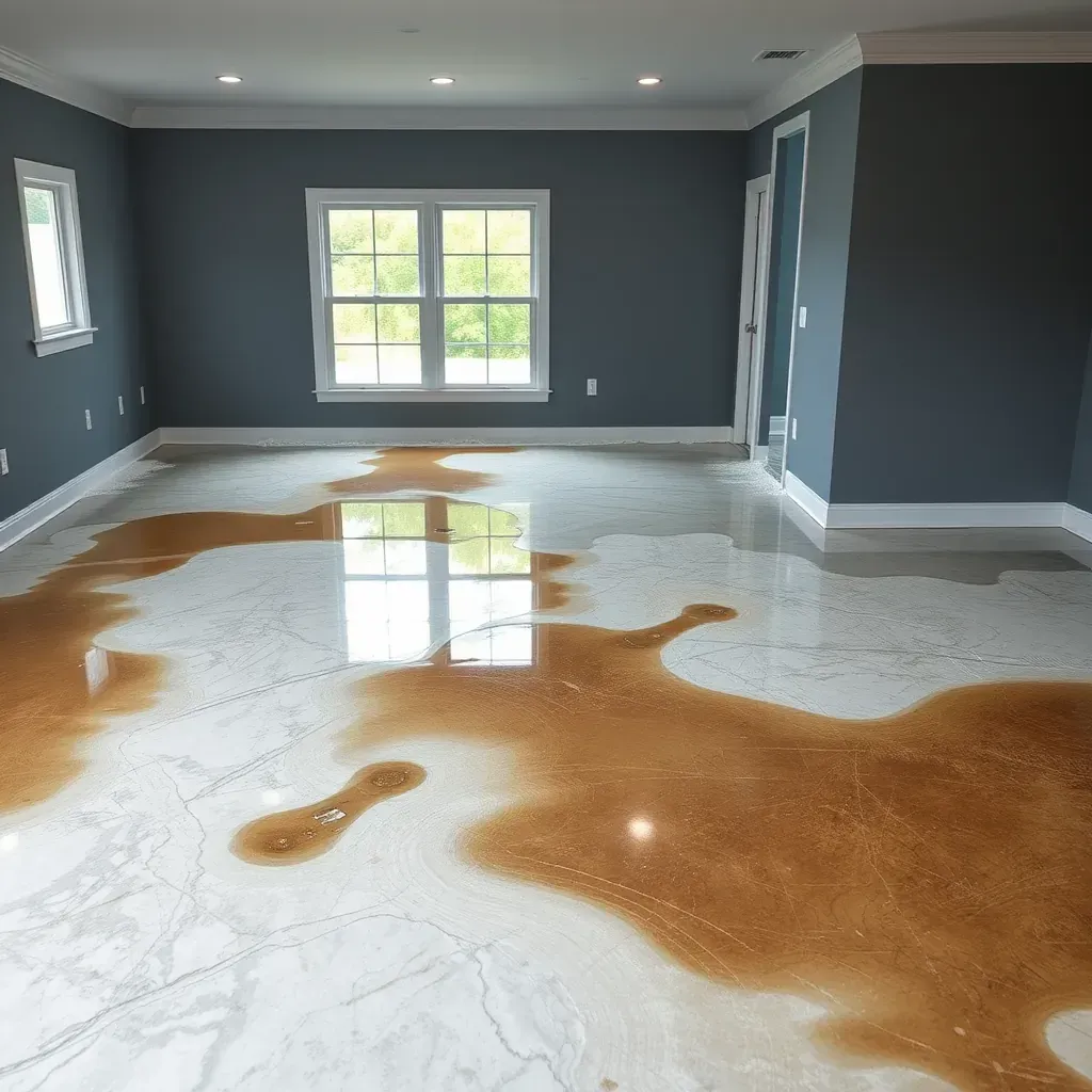 Water damage repair in a home, showing wet flooring, peeling drywall, moisture meters, fans, and organized restoration tools.