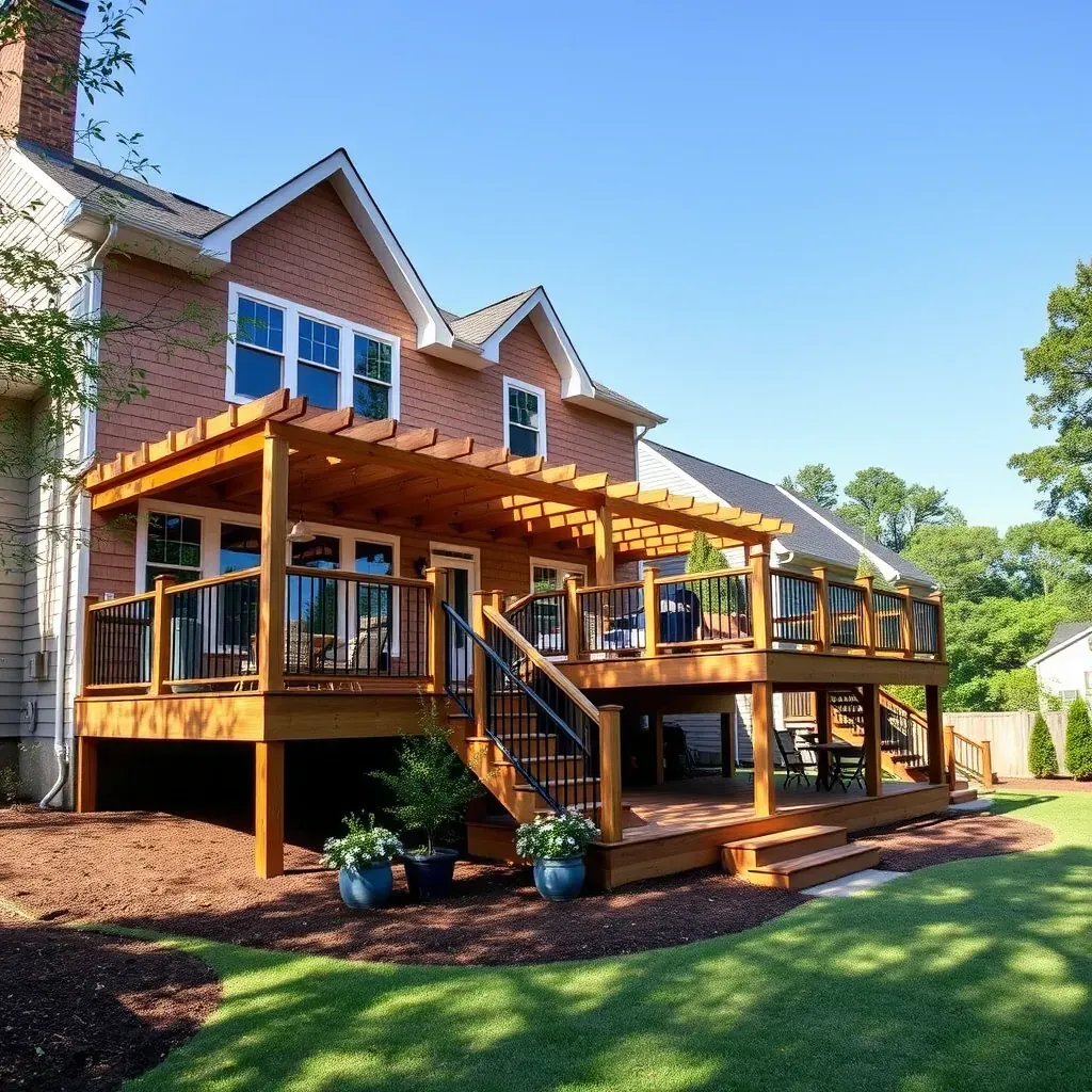 Detailed scene of a Raleigh backyard with a partly built wooden deck, tools, lush trees, and a modern brick house.