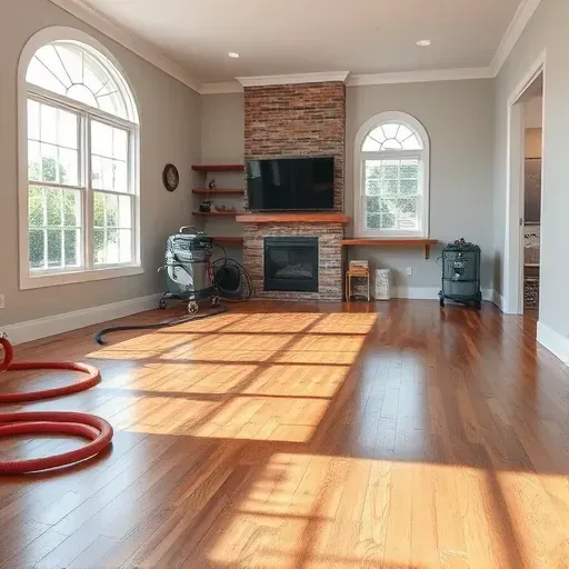 Restored living room in Fuquay-Varina, NC showing polished floors, fresh paint, and water damage repair equipment.