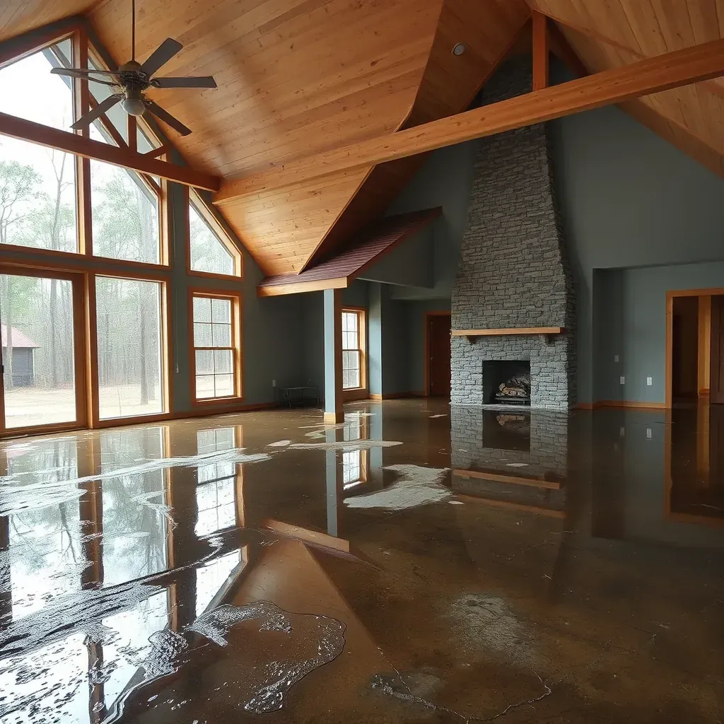 Water-damaged Archer Lodge living room with warped floors, exposed studs, drying equipment, water stains, and mold.