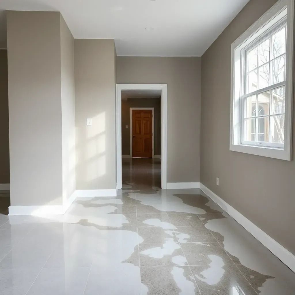 Interior of a Wake Forest home with water-damaged warped flooring, stained walls, swollen drywall, puddles, and drying equipment.