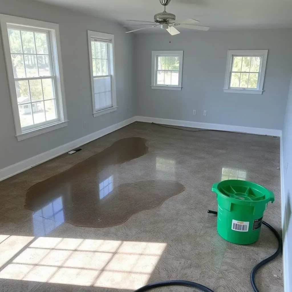 Water damage restoration in Lillington, NC shows a damp interior with drying equipment and visible water stains.