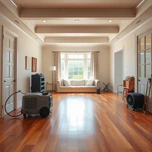 Restored Creekmoor NC home interior with hardwood floors, drywall repairs, and drying equipment after water damage cleanup.
