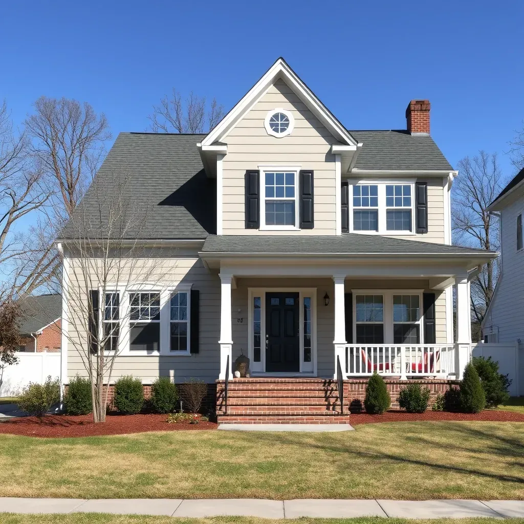 Renovated Durham home with modern siding, fresh paint, updated windows, landscaped yard, and new front porch under a blue sky.