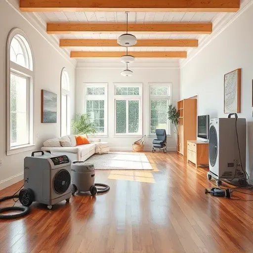 Water damage restoration in Dunn, NC: clean, restored home interior with equipment, moisture barriers, and renovation details.