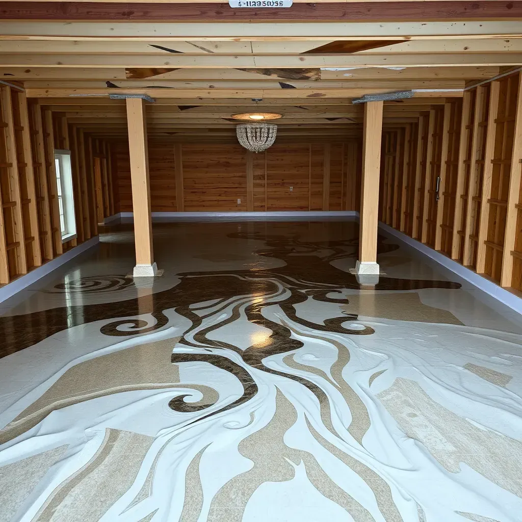 Interior of a water-damaged home in Franklinton, NC, with warped floors, peeling paint, and drying equipment like dehumidifiers.