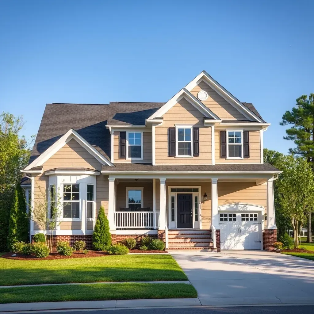 Renovated home exterior in Smithfield, NC with modern siding, landscaped yard, new porch, and fresh landscaping.