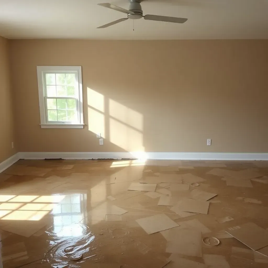 Water damage in Wendell, NC: soaked floors, water stains, damp drywall, dehumidifier, fans, and natural light.