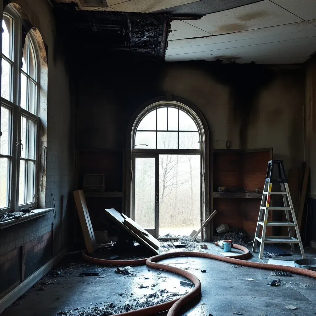 Fire-damaged Raleigh home interior showing charred walls, debris, and restoration equipment in use after a house fire.