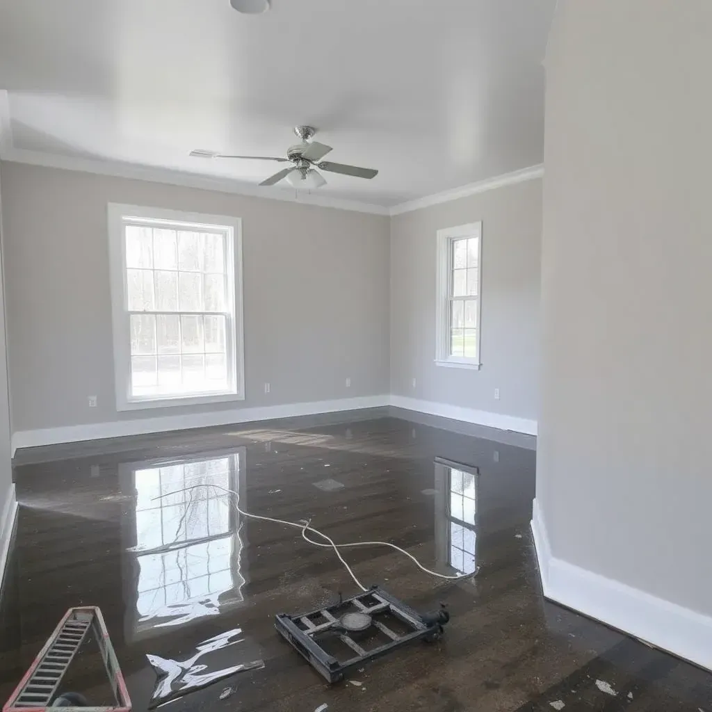 Water damage restoration scene in Hillsborough, NC with drying equipment, warped floors, peeling paint, and visible repairs.