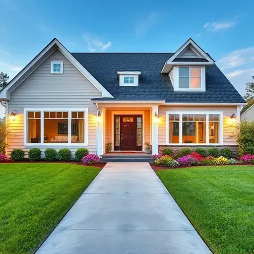 Modern Oxford home with updated siding, large windows, lush yard, paved path, and welcoming outdoor lighting.