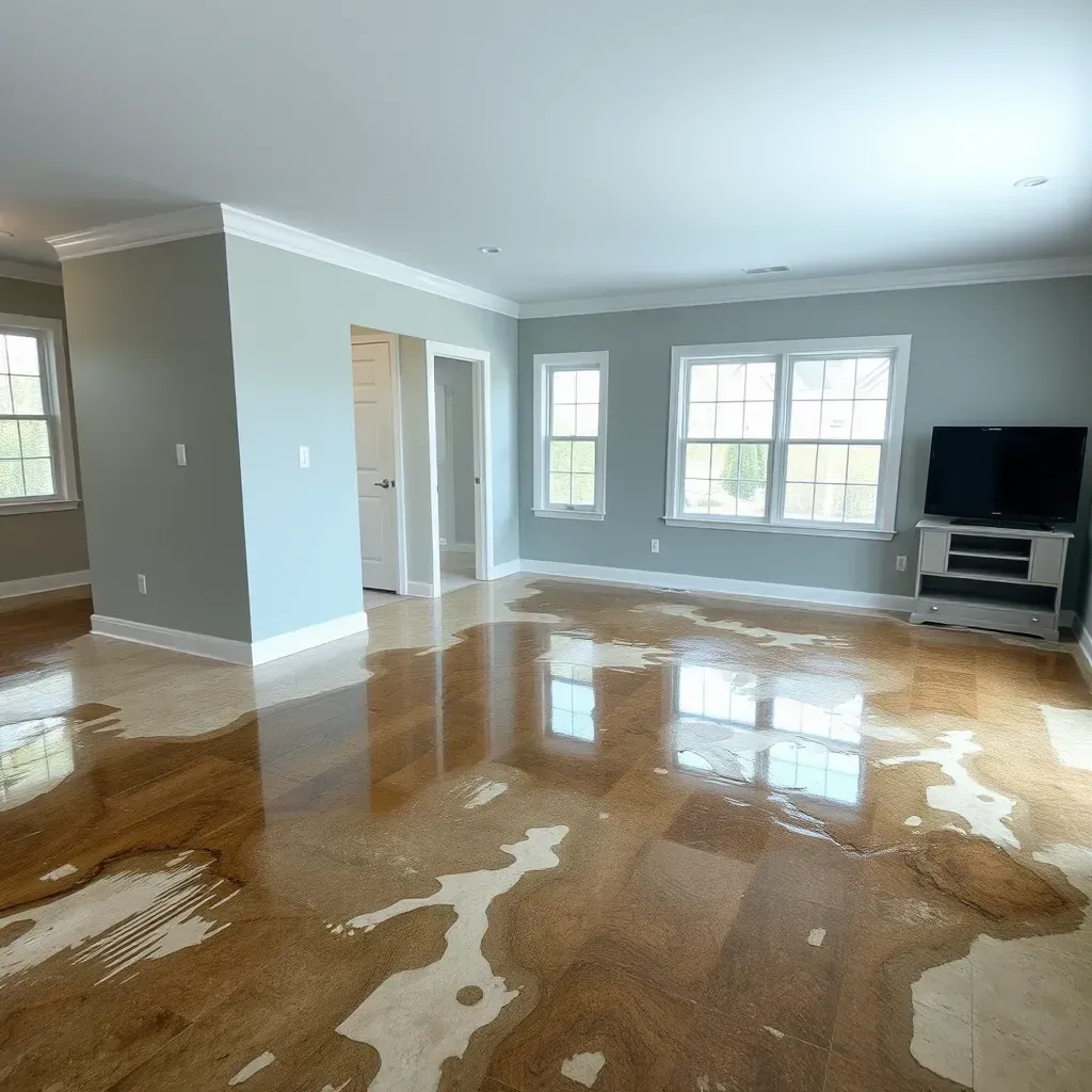 Water damage in a Clayton, NC home showing water-stained walls, soaked floors, damaged cabinets, and restoration equipment.