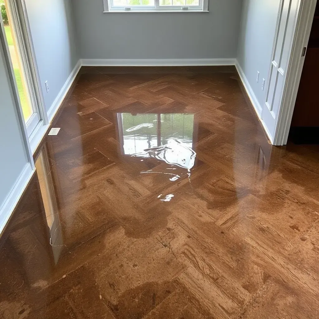 Water damage restoration in Wake Forest, NC: damaged drywall, warped floors, and professional equipment in a flooded home.