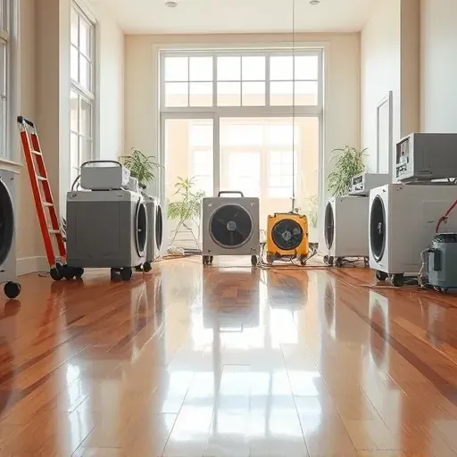 Clean water damage restoration scene in Carrboro, NC with organized equipment, restored walls, and natural light.