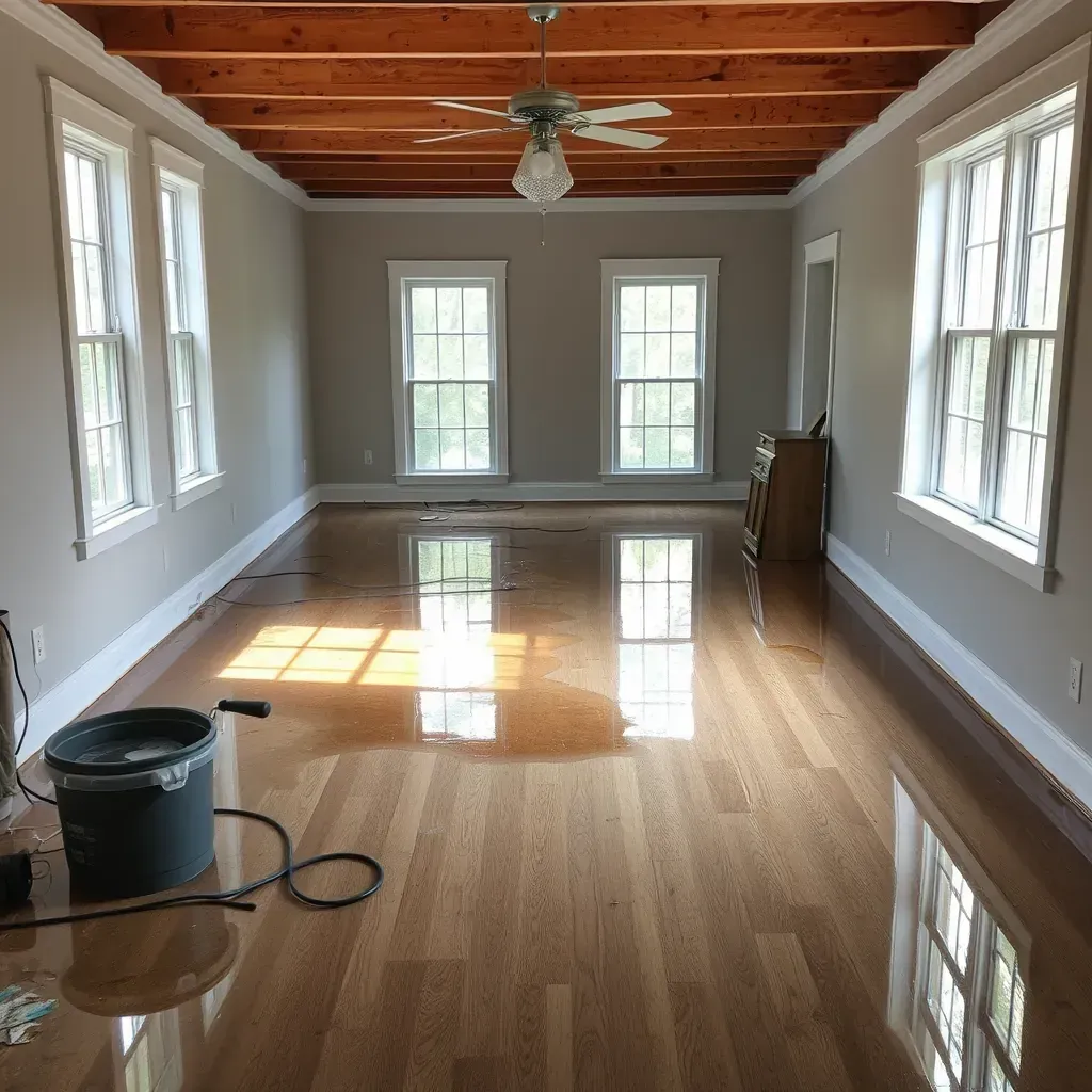 Indoor water damage restoration in Dunn, NC featuring drying equipment, wet flooring, mold signs, and cleanup tools.