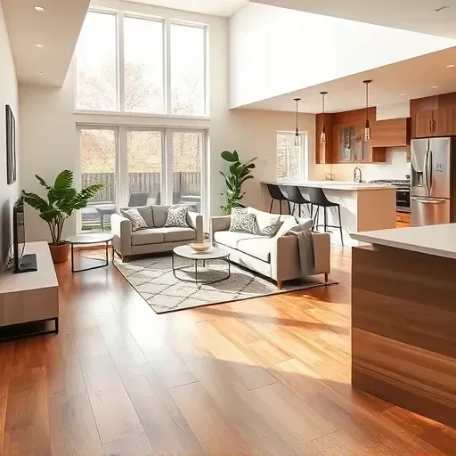 Spacious modern Raleigh living room with hardwood floors, neutral furniture, large windows, stylish decor, and open kitchen.
