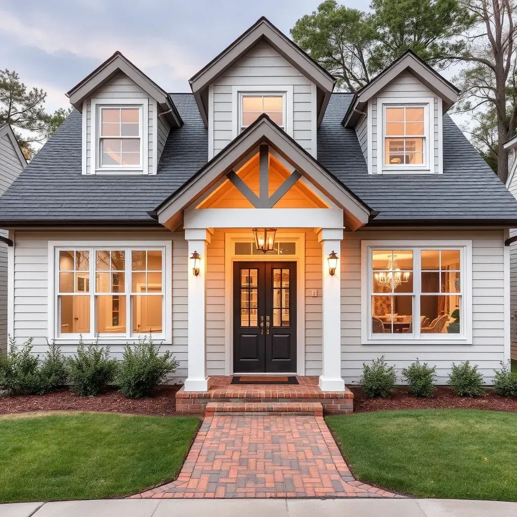 Modern Raleigh home with brick exterior, large windows, stone accents, lush landscaping, and a spacious deck.