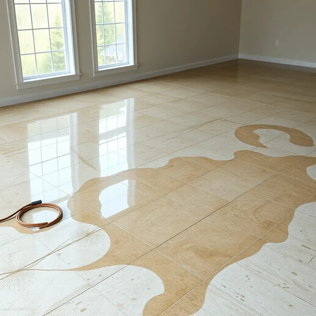 Water damage in a Selma, NC home showing warped hardwood, water-stained walls, and active drying equipment.