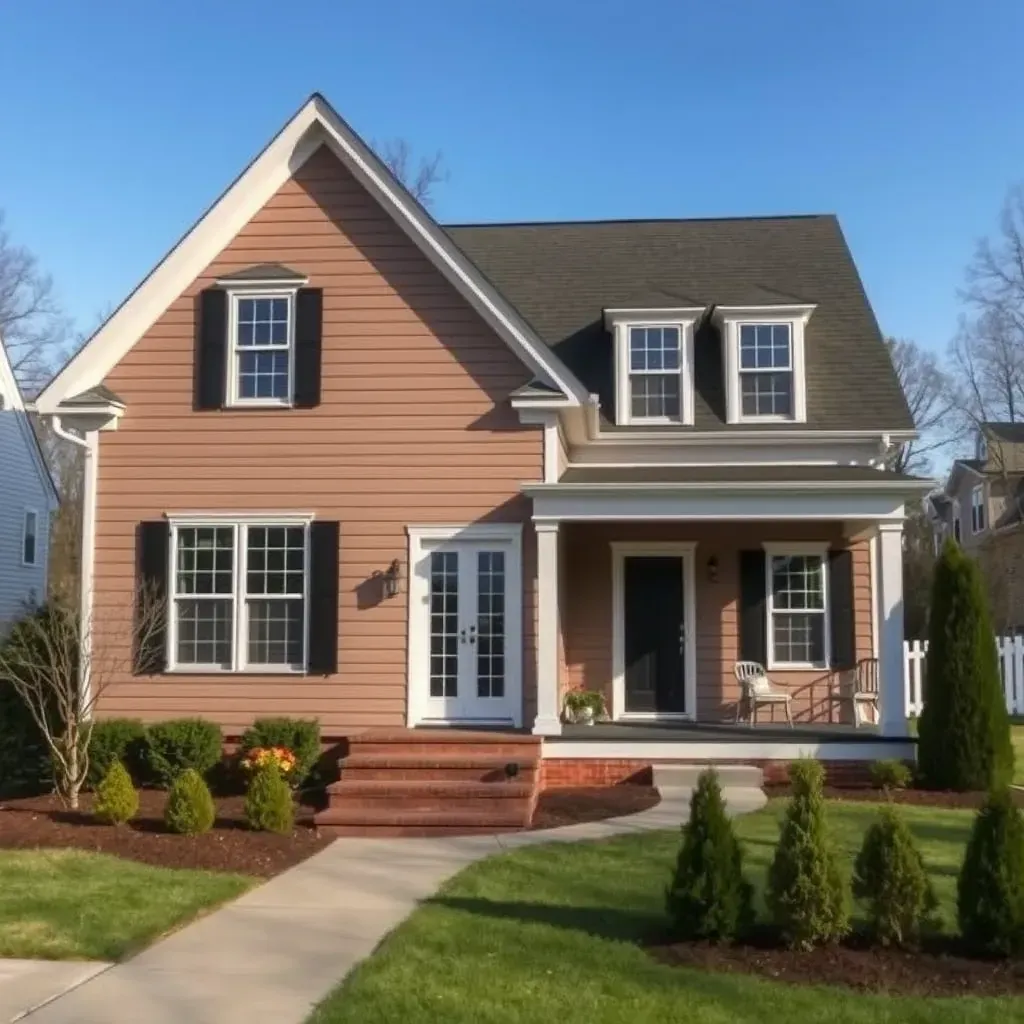 Chapel Hill home with white siding, stone accents, large black-framed windows, new porch, lush landscaping, and surrounding oak trees.