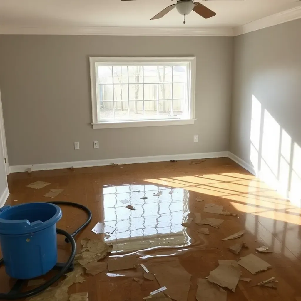Water damage restoration scene in Four Oaks, NC showing workers repairing flooded basement with equipment and tools.
