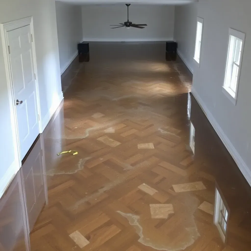 Interior of a water-damaged Franklinton, NC home with soaked floors, exposed drywall, and restoration equipment like dehumidifiers.