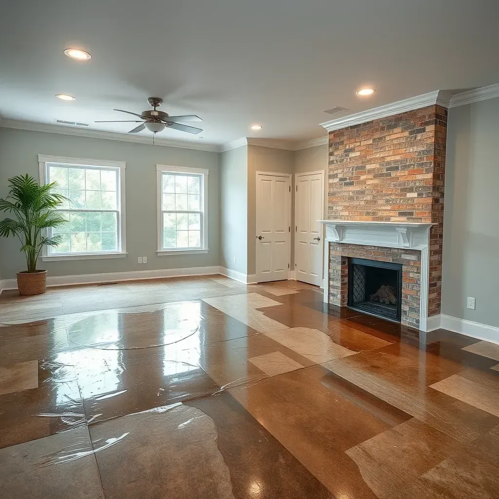 A professional water damage restoration team repairs flooded interior walls and floors in a Smithfield, NC home.