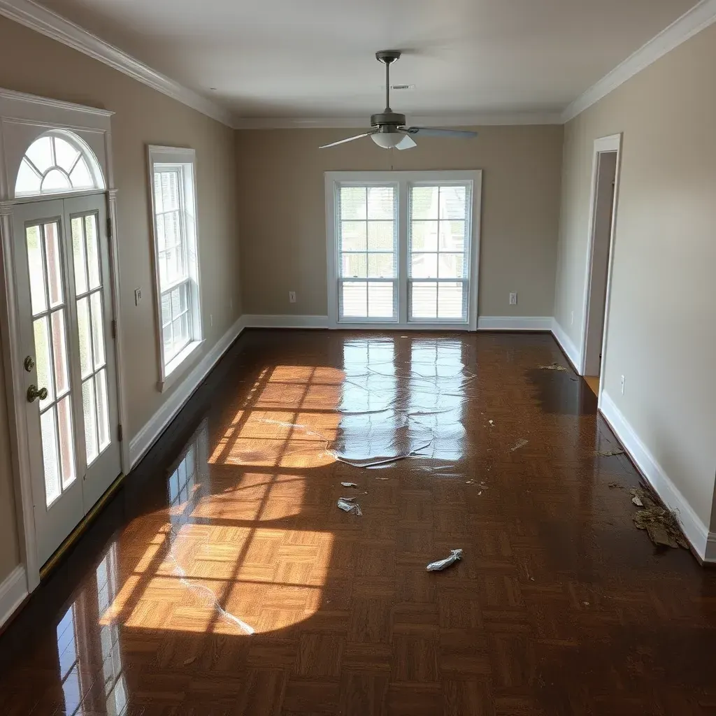 Water damage restoration in Wendell, NC shows wet floors, peeling drywall, and drying equipment in a home interior.