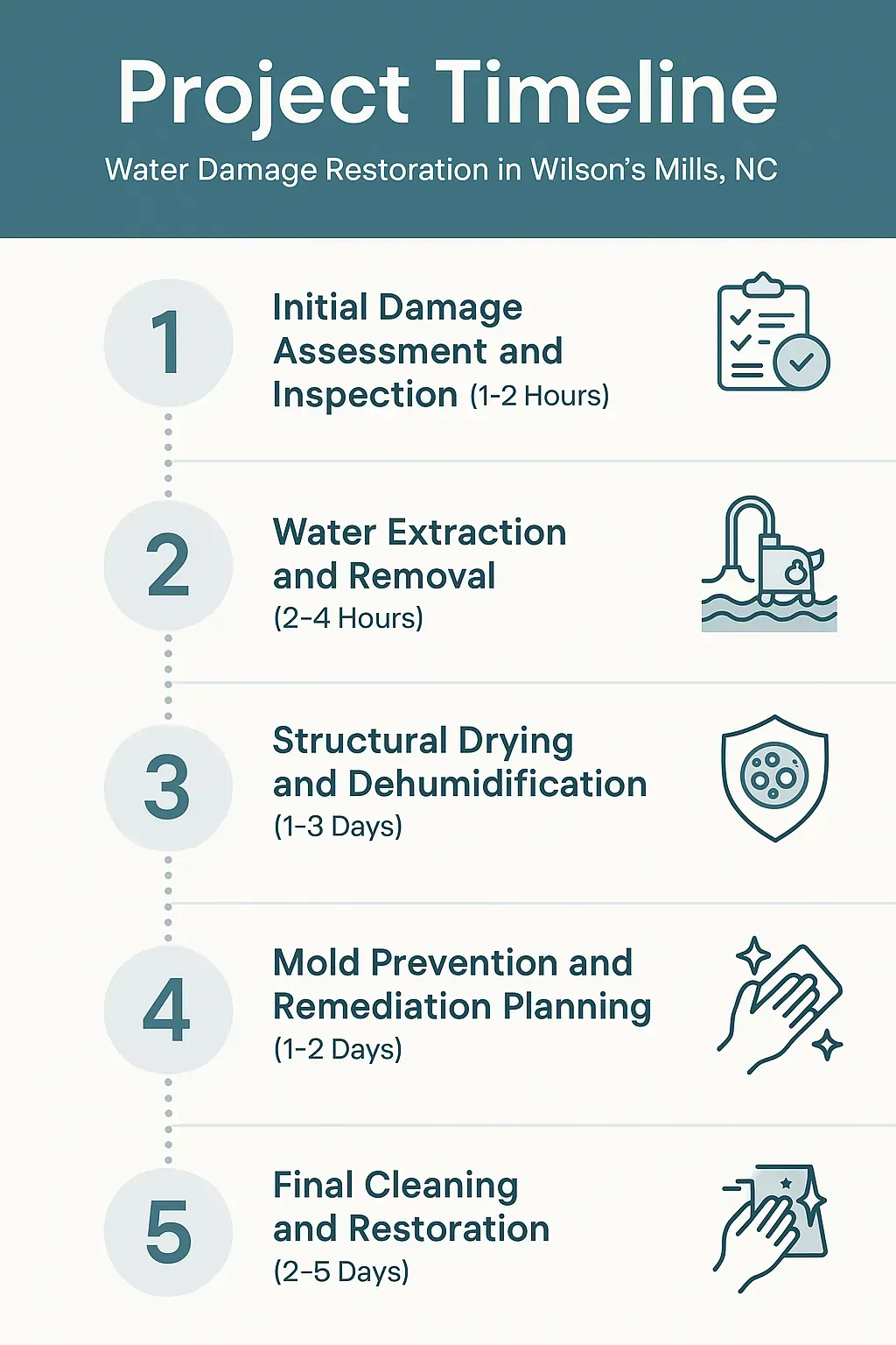Infographic illustrating Water Damage Restoration timeline in Wilson's Mills, NC: 5 steps from assessment to final cleanup.