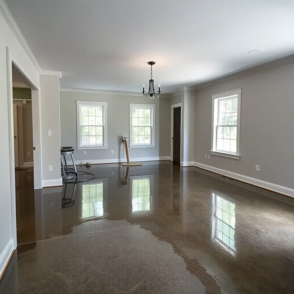 Water damage restoration scene in Princeton, NC showing technicians drying and repairing flooded drywall.