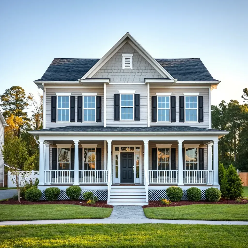 Restored Benson, NC home with fresh paint, modern updates, scaffolding, lush yard, and landscape features.
