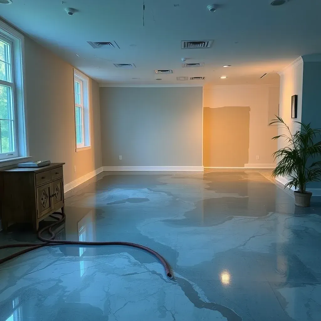 Water damage restoration scene in Durham, NC with drying equipment, stained walls, damp floors, and Durham-style architecture.