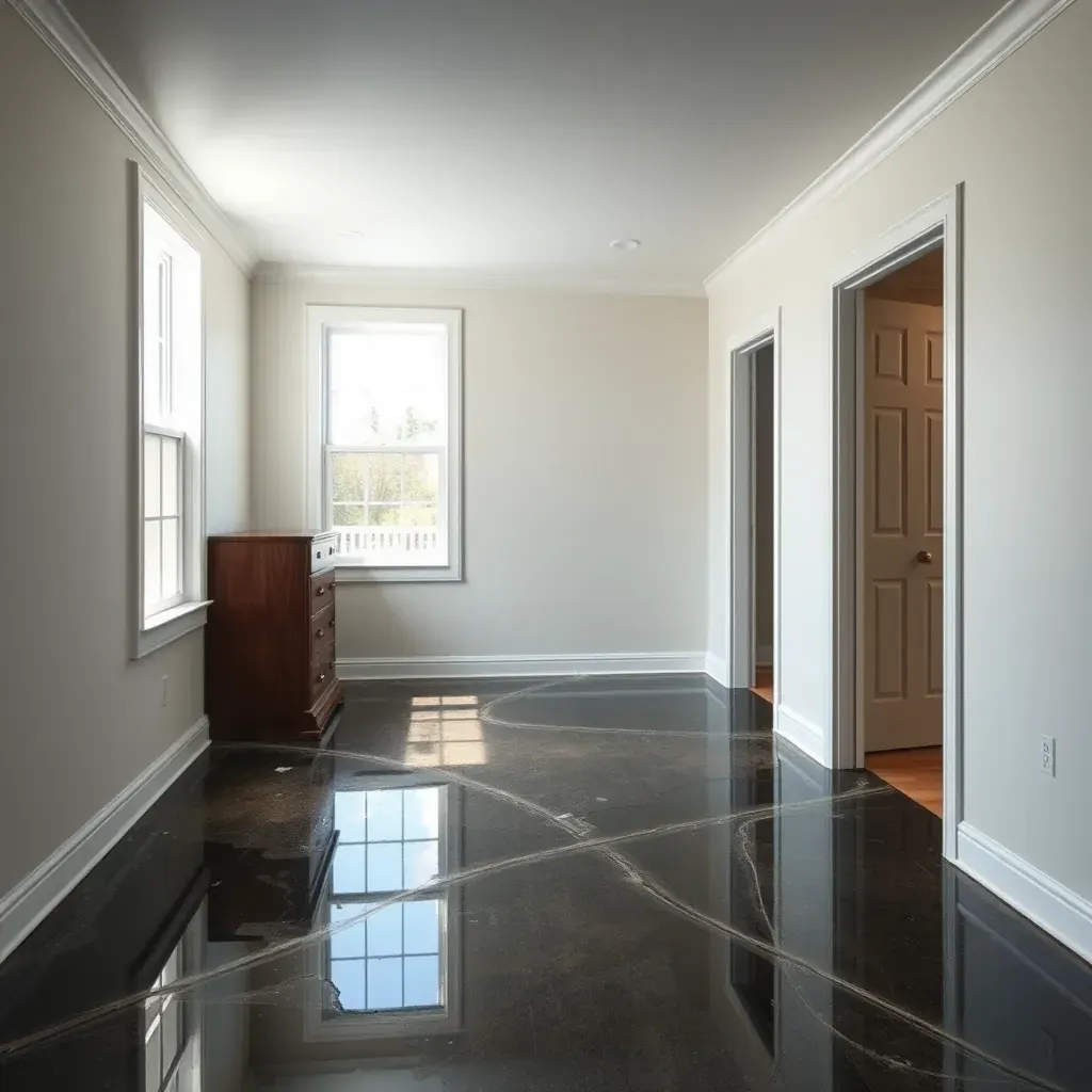 Water damage restoration in a Middlesex, NC home showing warped floors, peeling baseboards, and drying equipment.