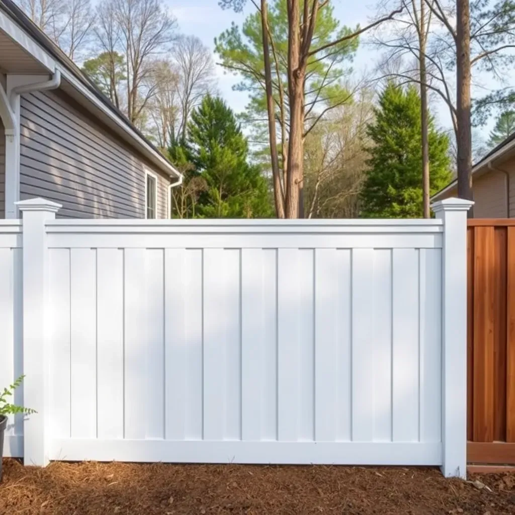 Renovation scene of a worn wooden fence being replaced in a Raleigh backyard with tools, new panels, and lush greenery.