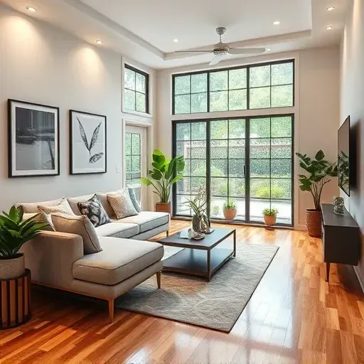 Beautiful renovated Angier, NC living room with modern furnishings, hardwood floors, natural light, and lush garden views.