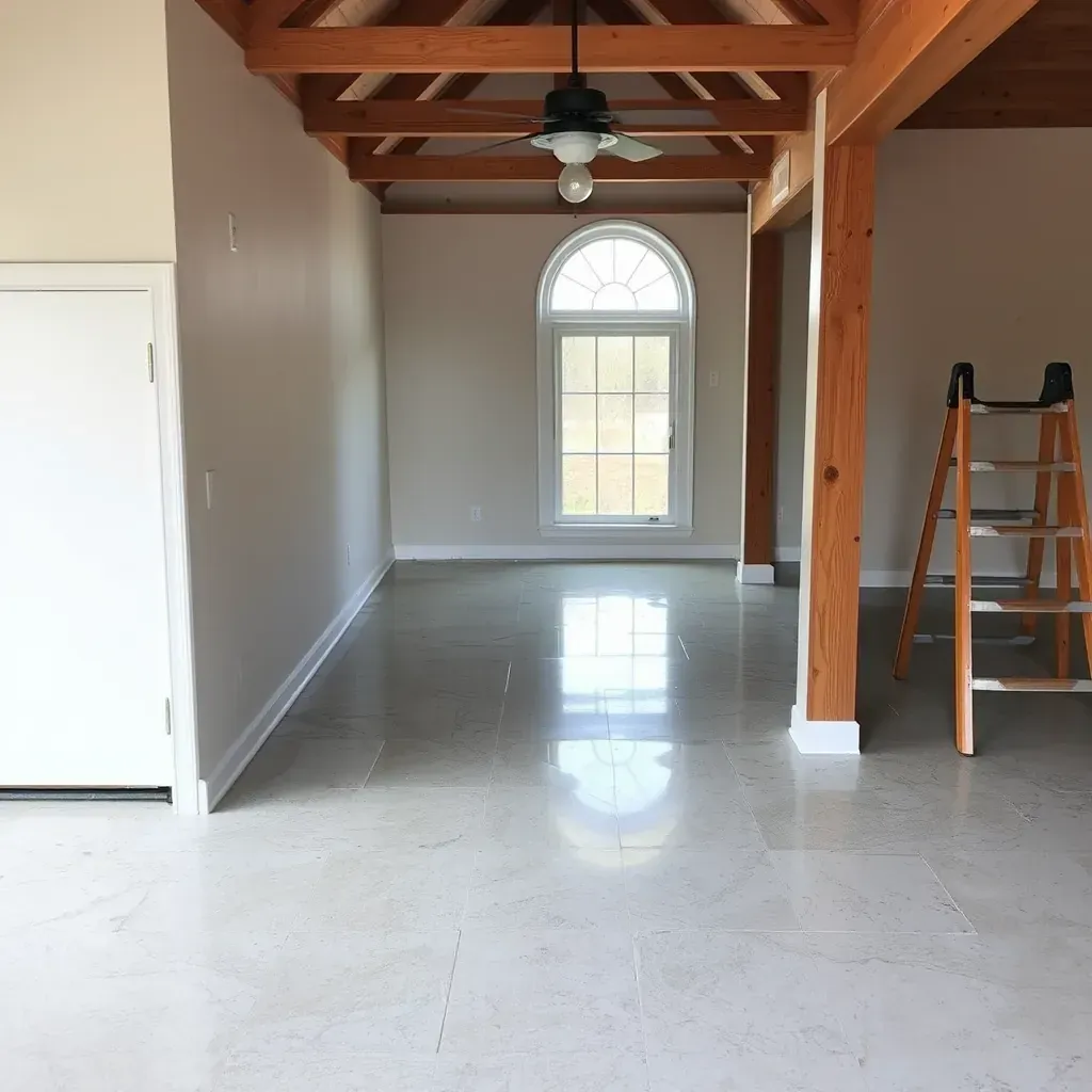 Water damage restoration in Wake Forest, NC: water-damaged hardwood, exposed studs, drying equipment, plastic barriers, professional cleanup.