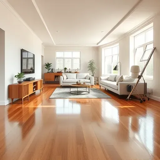 Restored living room with polished hardwood, neutral walls, modern furniture, natural light, and organized workspace.