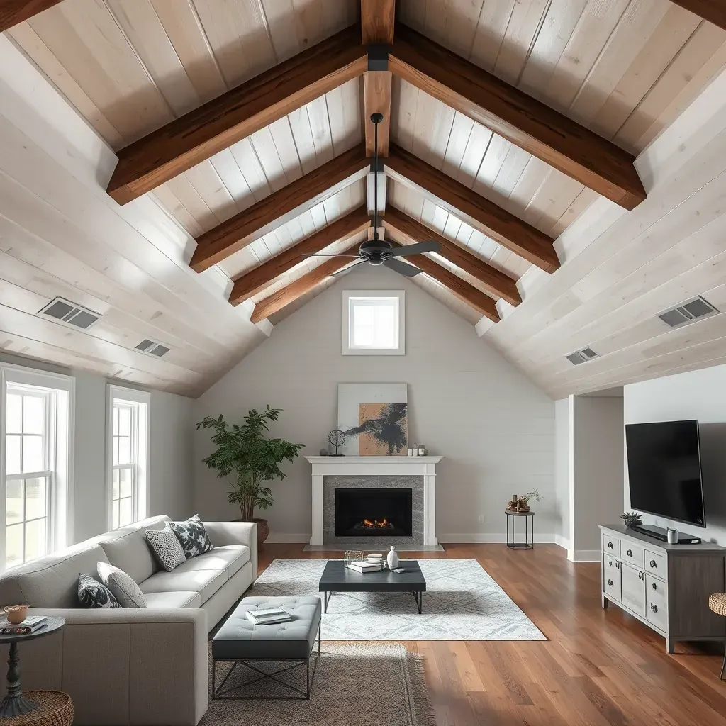 Attic restoration in Raleigh, NC showing organized tools, wooden beams, and exposed framing during a professional renovation.