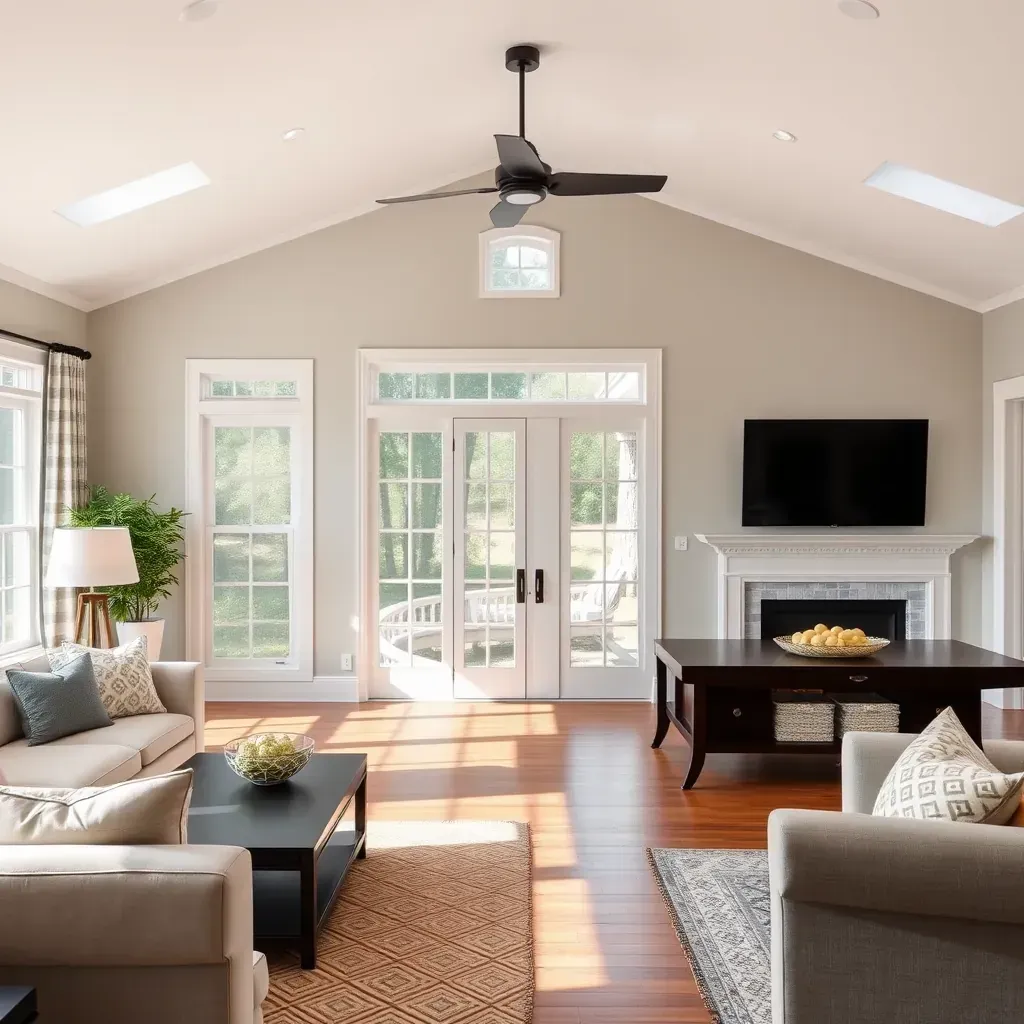 Renovated Four Oaks, NC home with vibrant siding, large windows, upgraded porch, landscaping, and modern upgrades.