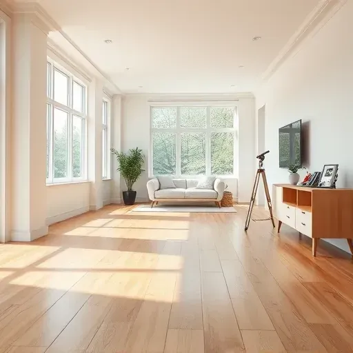 Restored modern living room in Apex, NC, with pristine hardwood floors, clean drywall, natural light, and organized tools.
