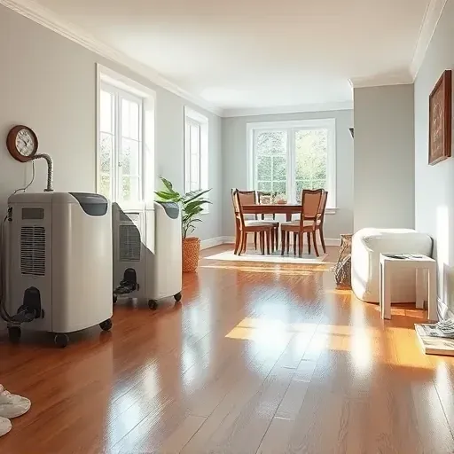 Pristine water damage restoration scene in Chapel Hill, NC: organized basement with wooden floors, dehumidifiers, and bright natural light.