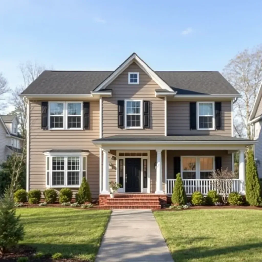 Chapel Hill home exterior with fresh siding, white trim, rustic porch, lush landscaping, and vibrant blooming flowers.