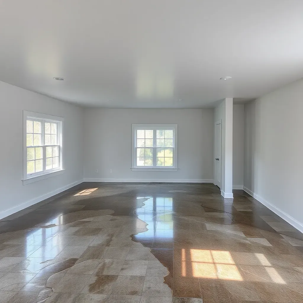 Water damage restoration in Chapel Hill, NC shows warped hardwood, mold, moisture tools, and drying equipment in a home.