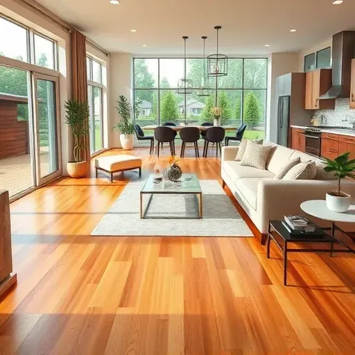Renovated Archer Lodge, NC living room with warm hardwood, modern furniture, large windows, and open-concept kitchen.