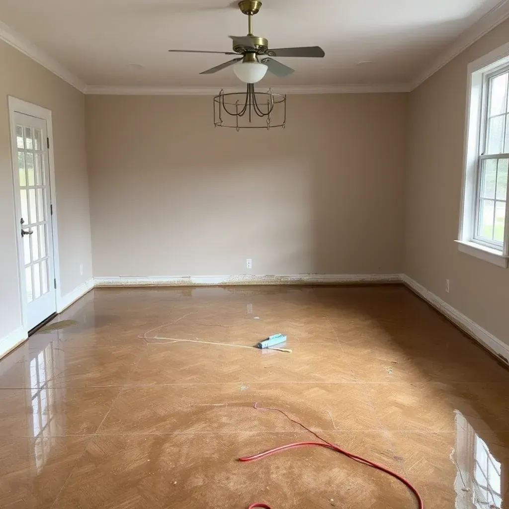 Water damage restoration scene in Selma, NC showing damp drywall, water stains, tools, dehumidifiers, and drying equipment.