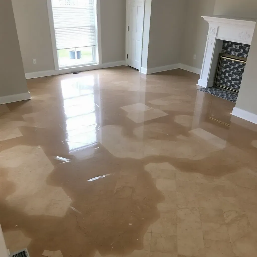 Water damage restoration scene in Holly Springs, NC with soaked carpet, warped floors, damp walls, and restoration equipment.