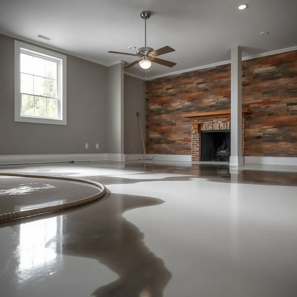 Water damage restoration in Smithfield, NC: a cleaned, dried living room with equipment like dehumidifiers and air movers.