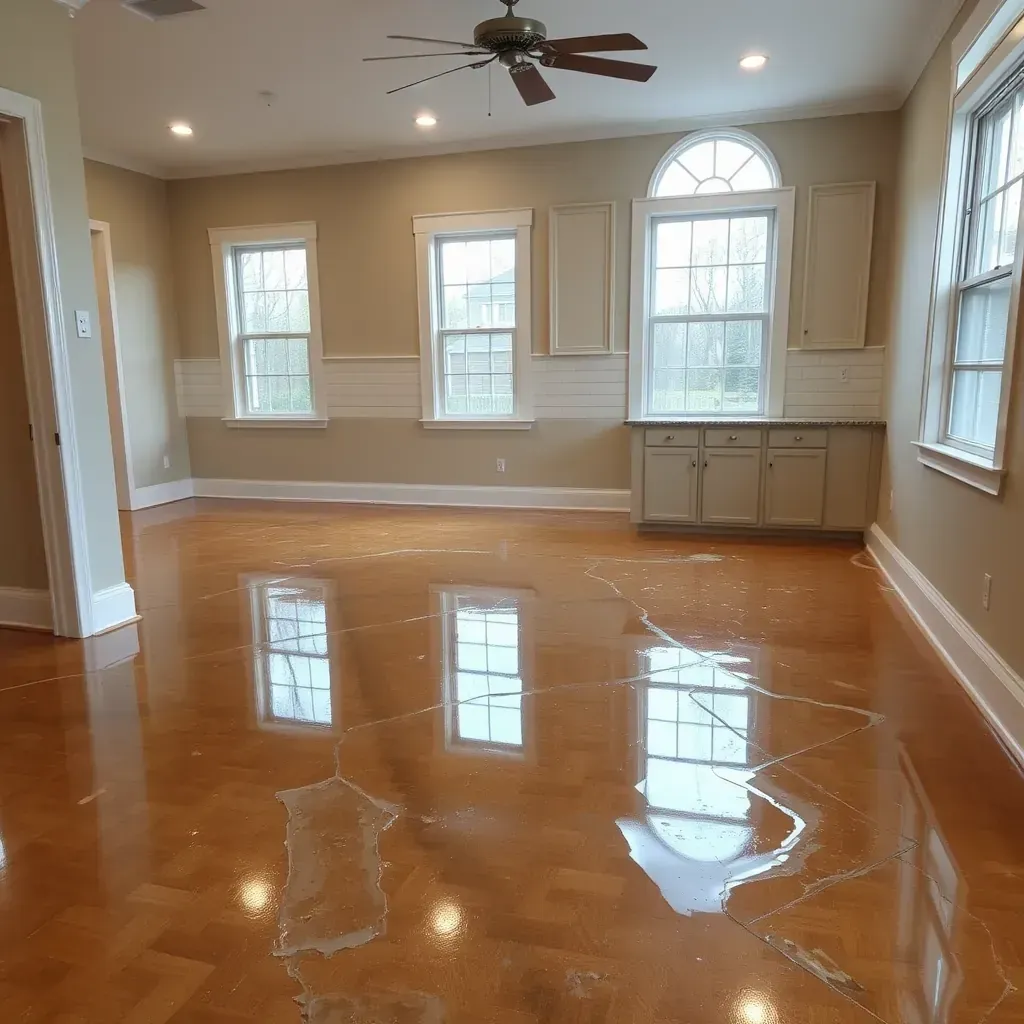 Spacious room with water damage, soaked warped floors, drying equipment, moisture barriers, and restoration tools in Morrisville, NC.