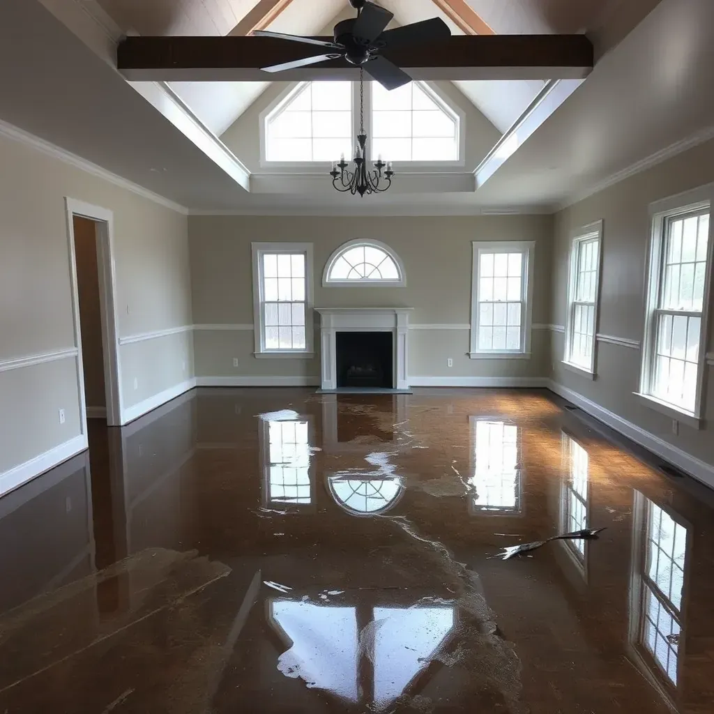 Alt text: Water damage restoration scene in Creedmoor, NC with soaked floors, water-stained walls, and technicians using drying equipment.