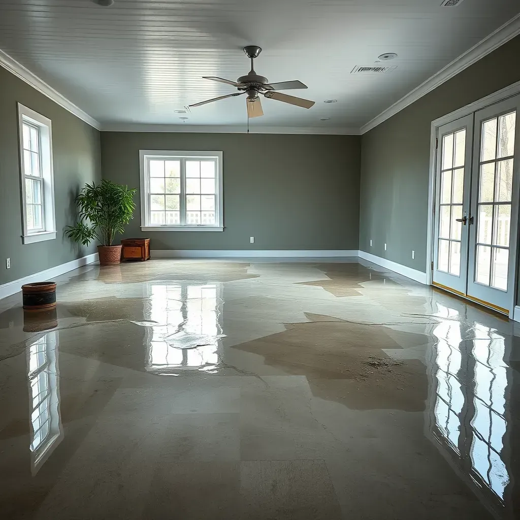 Water damage scene in Fuquay-Varina, NC home showing warped floors, water stains, drying equipment, and structural damage.