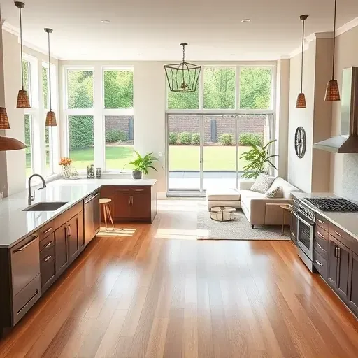 Modern renovated Wake Forest home interior with spacious living area, sleek kitchen, natural light, and lush backyard view.